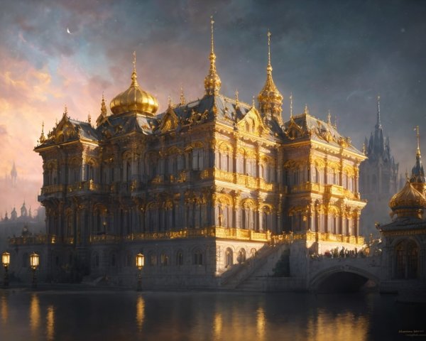Opulent palace with golden domes and intricate architecture
