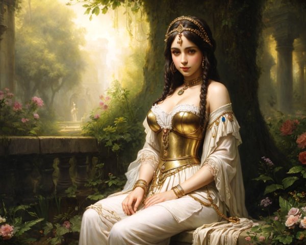 Ethereal woman in historical clothing in sunlit forest clearing