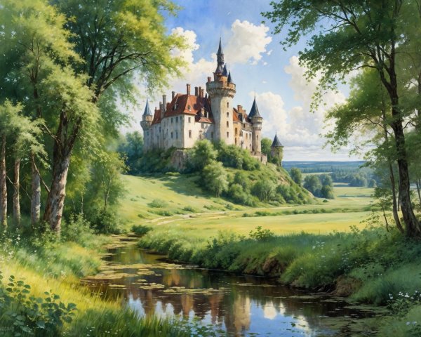 Majestic castle on a green hill with serene landscape