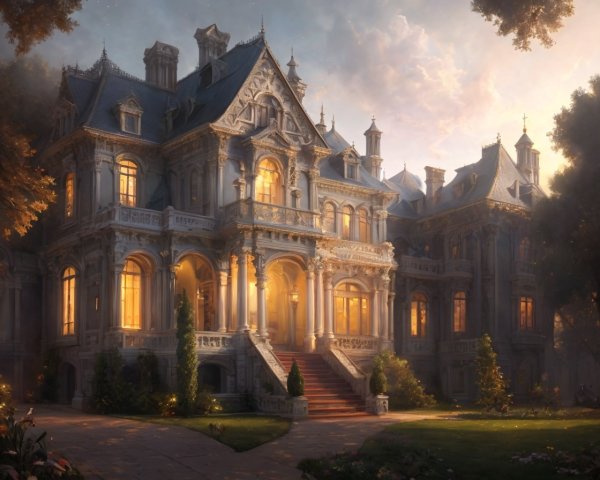 Opulent mansion with intricate architecture at twilight