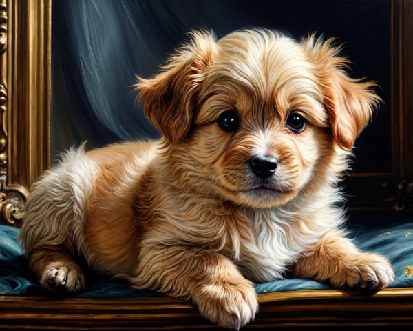 Fluffy Golden Puppy on Plush Teal Surface