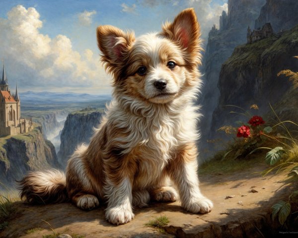 Fluffy Puppy on Rocky Path with Scenic Landscape