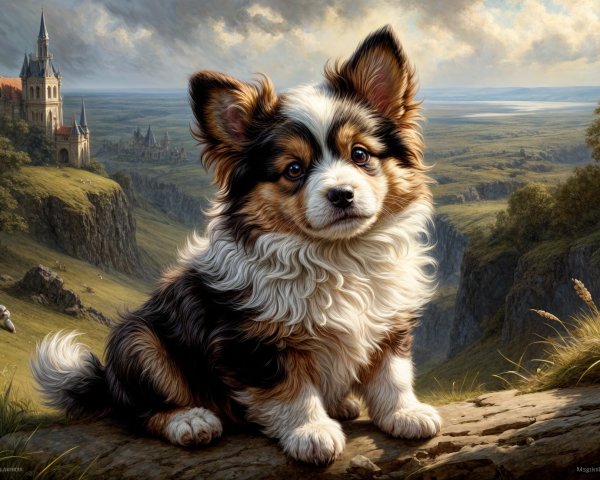 Puppy on Rocky Outcrop Overlooking Scenic Landscape