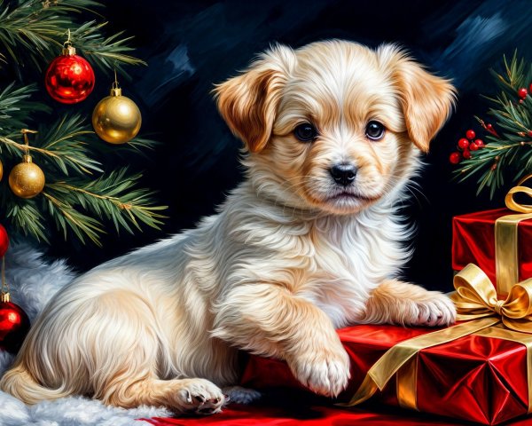 Fluffy Puppy Surrounded by Christmas Decorations