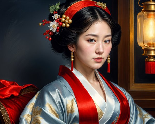 Young Woman in Traditional Attire with Kimono and Obi