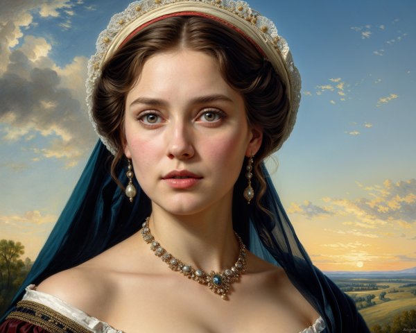 Young woman in gown with jewels in scenic sunset setting