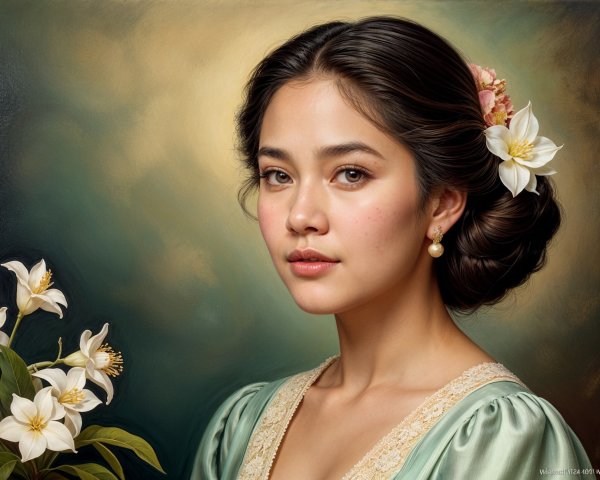 Portrait of a Young Woman in Floral Accents and Green Dress