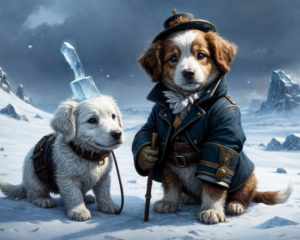 Puppies in Snowy Landscape with Stylish Outfits