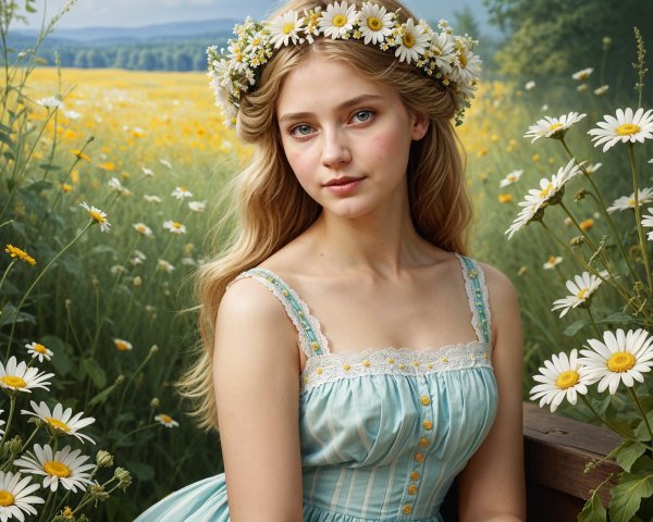 Young woman in blue dress among daisies in a field