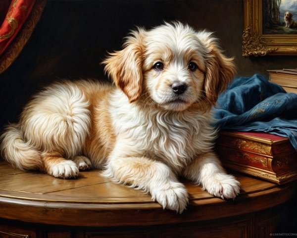 Fluffy Golden and White Puppy on Wooden Table