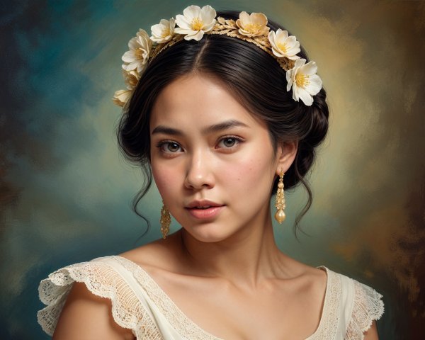 Elegant woman with floral crown and lace top