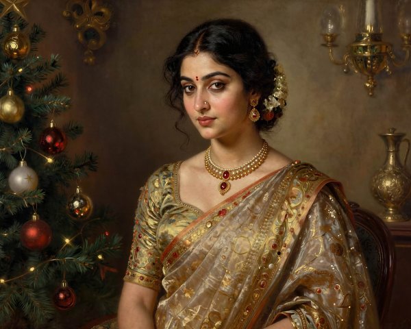 Oil Painting of Woman in Traditional Indian Attire