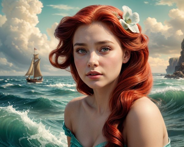 Young woman with red hair by turbulent ocean waters