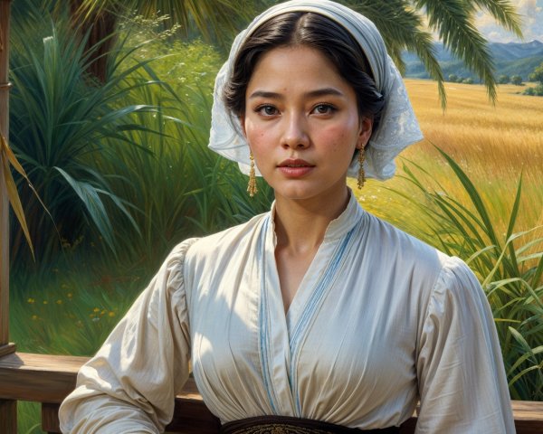 Young Woman in Traditional Attire with Pastoral Background