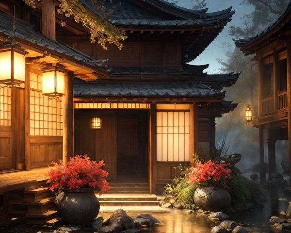 Traditional Japanese House with Lanterns in Nature