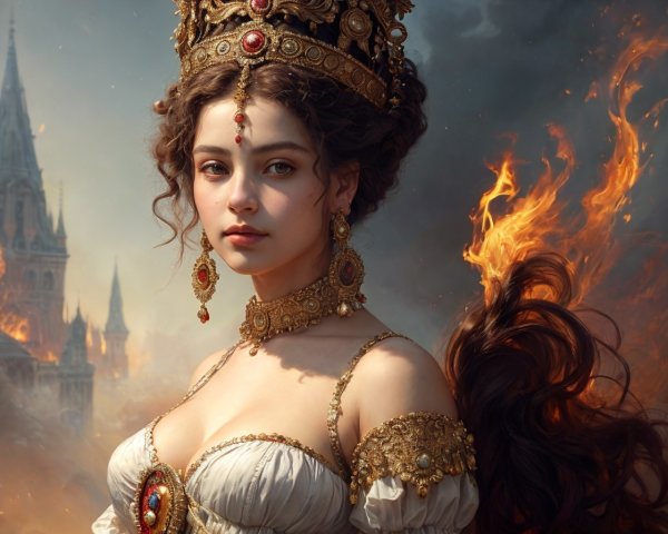 Regal woman with gold crown and ornate jewelry in fiery castle backdrop
