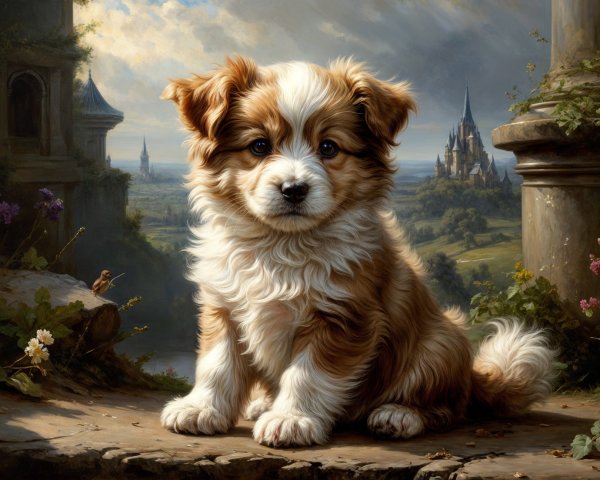 Fluffy Puppy on Stone Ledge with Scenic Landscape