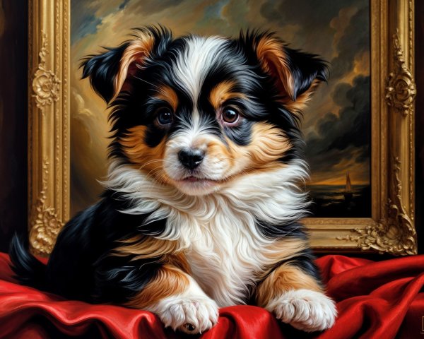 Puppy on Red Fabric with Elegant Golden Frame