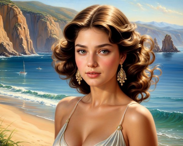Young woman with wavy hair at a coastal backdrop