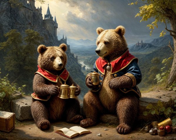 Bears in Red Cloaks Enjoying a Scenic Castle View