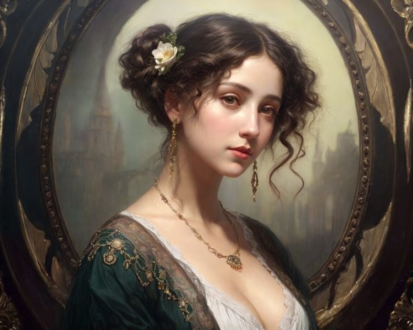 Young woman in green gown with floral accessory