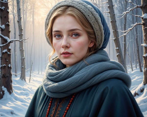 Young Woman in Snowy Forest with Elegant Attire