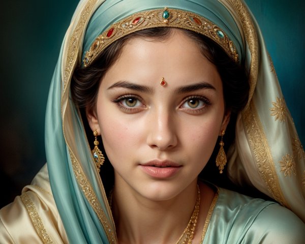 Young Woman in Traditional Attire with Gold Jewelry