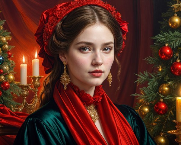 Elegant Woman in Dark Green Attire at Holiday Setting