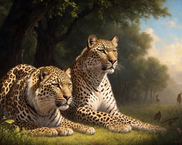 Leopards resting in sunlit forest with birds.