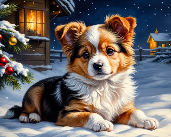 Puppy in Snowy Landscape with Cozy Cabin Background