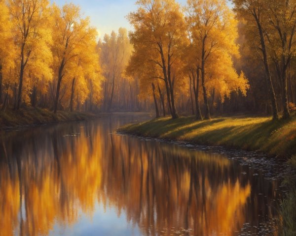 Tranquil autumn scene: golden trees mirrored in calm river.