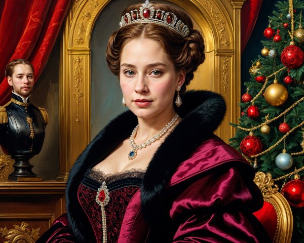 Regal Woman in Crimson Gown with Christmas Decor