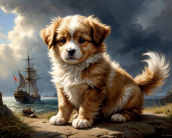 Fluffy Puppy on Rocky Shoreline with Stormy Sky