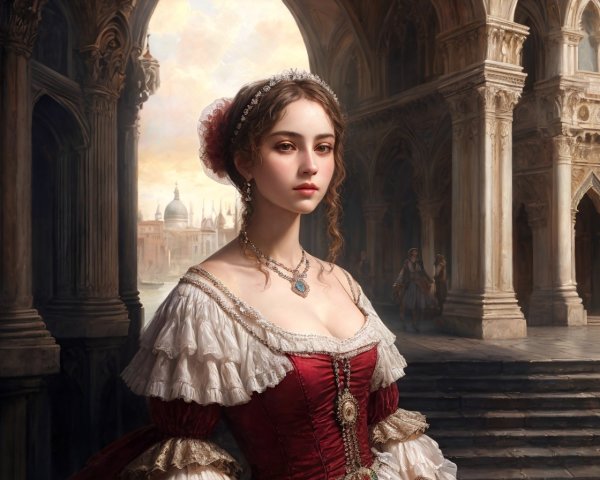 Young woman in red and white historical dress with ornate accessories in Venetian-style city portrait.
