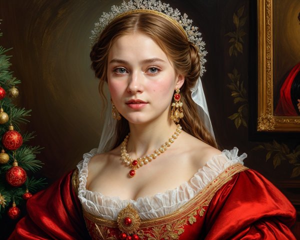 Young woman in red gown with festive Christmas backdrop