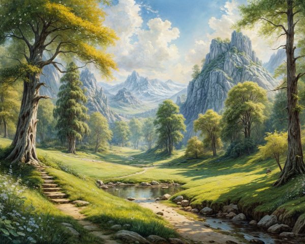 Serene Landscape with Green Meadows and Mountains