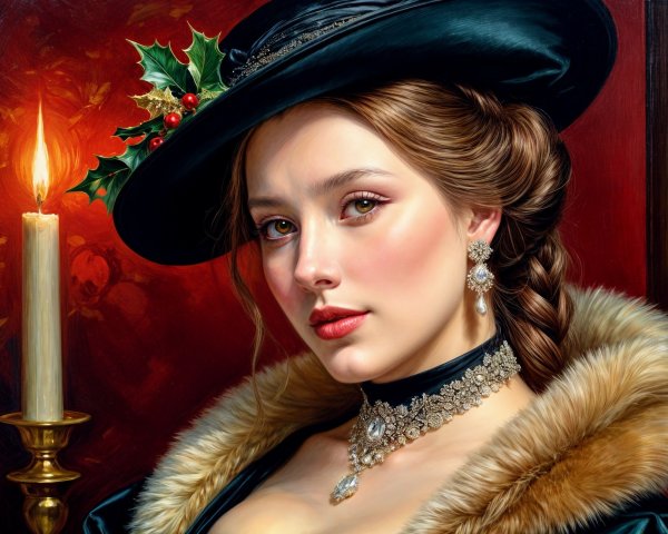 Elegant Woman in Fur Coat with Festive Accessories