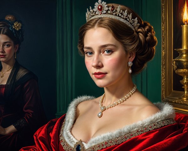 Regal Woman in Red Gown with Candlelight Glow