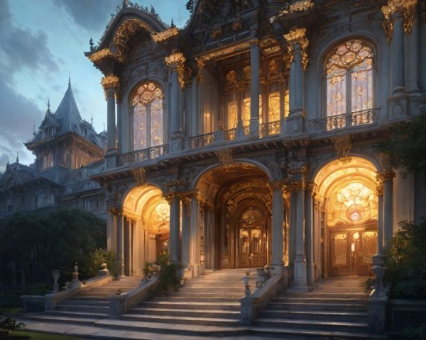 Opulent mansion with intricate architecture and lighting