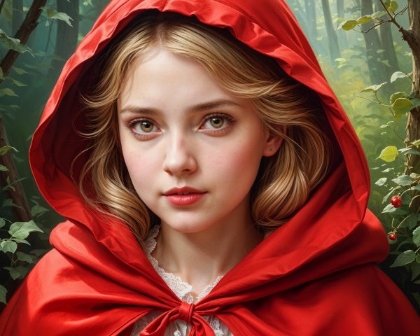 Young girl in red hood amidst lush forest greenery