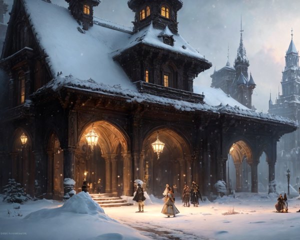 Ornate building with arches and lanterns in snow