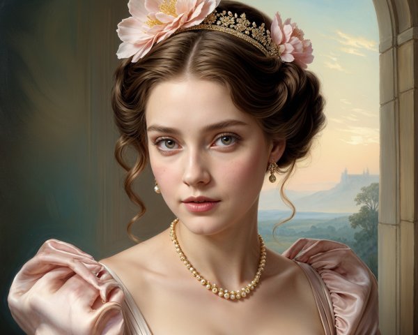 Young woman in elegant gown with serene landscape backdrop