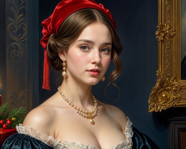 Elegant Young Woman in Blue Dress with Pearl Jewelry