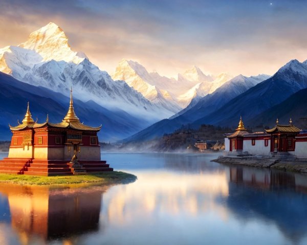Scenic traditional temples near serene lake and snowy mountain peaks at sunrise or sunset