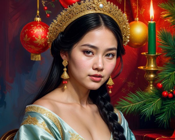 Young Woman in Blue Gown with Holiday Decorations