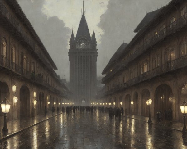 Crowded square with ornate buildings and clock tower in rainy weather
