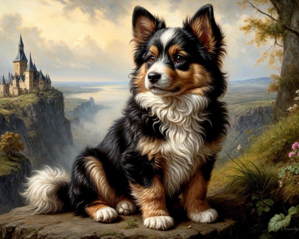 Fluffy Dog on Rocky Ledge with Castle Background