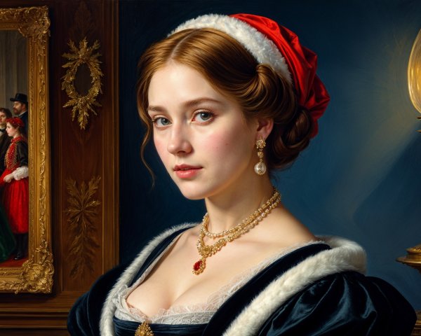 Young woman in luxurious black dress with fur trim