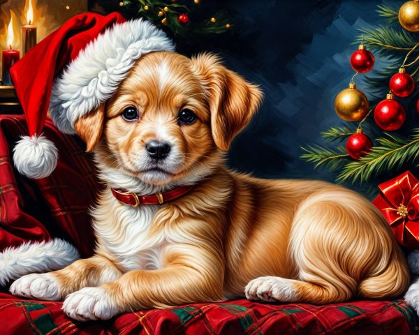 Puppy on Red Plaid Blanket with Christmas Decor