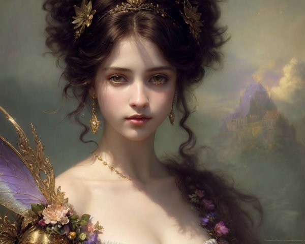 Painting of a Young Woman with Green Eyes and Floral Crown